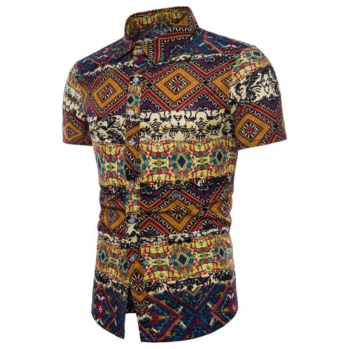 Men Bohe Floral Short Sleeve Linen 